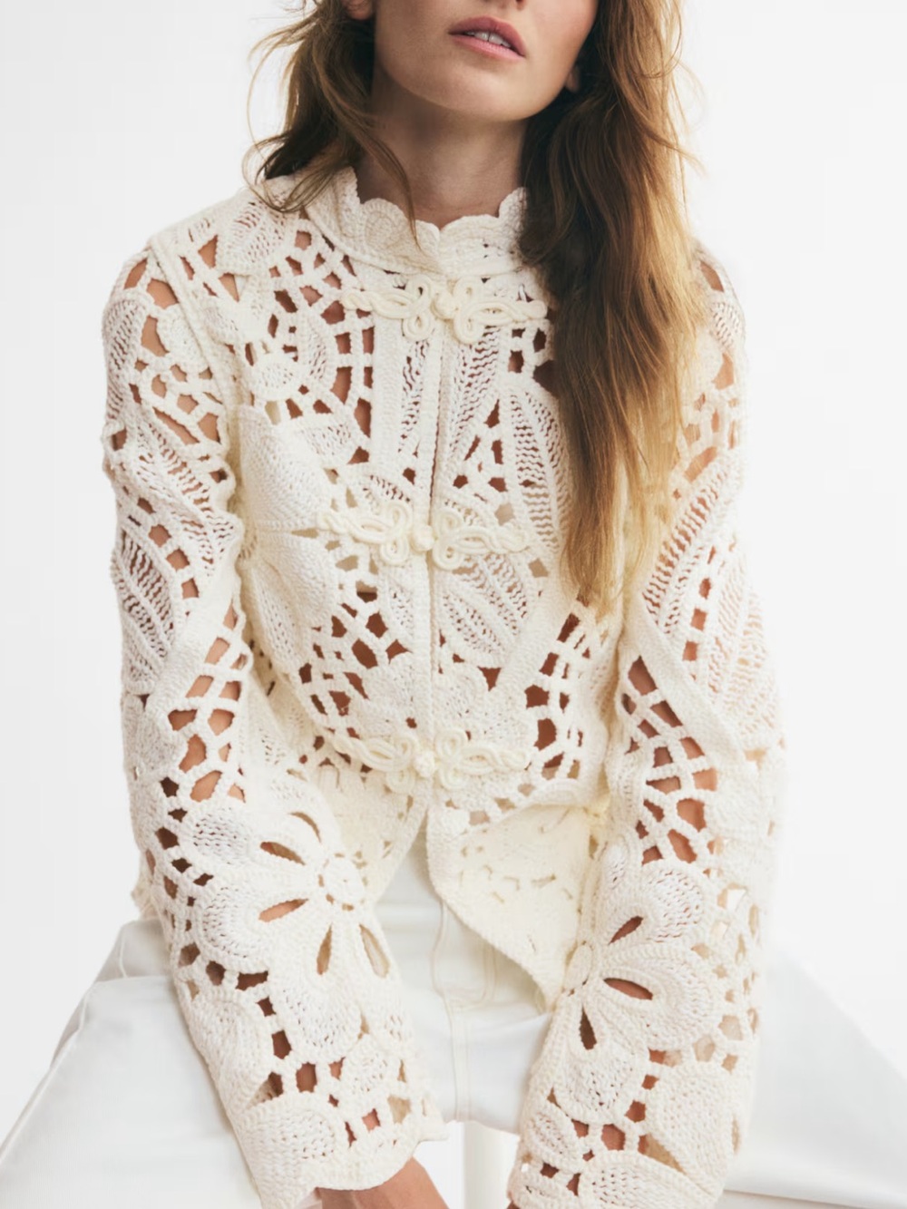 H&M Crochet Look Cardigan with Frog Knot buttons Ivory NWT